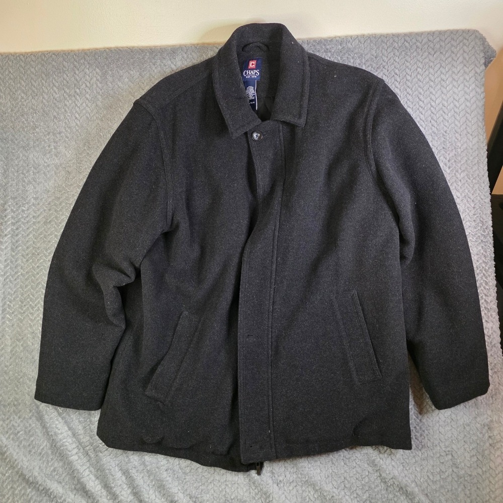 Chaps Men's XL Wool Jacket Coat 80% Wool Quilted Lined Black Gray Winter